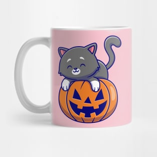 Cute Cat Laying On Pumpkin Halloween Cartoon Mug